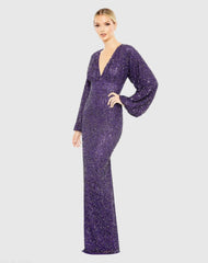 Sequined Puff Sleeve V Neck Gown