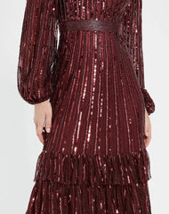 Red Long Sleeve Ruffle Detail Sequin Dress