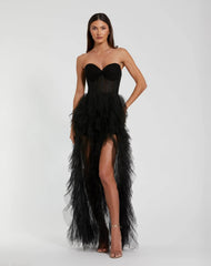 Strapless Bustier Net Gown With Spiral Ruffles