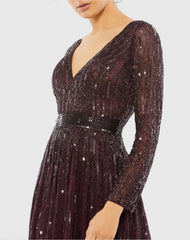 Red Sequined V Neck Illusion Sleeve A Line Gown