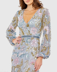 Gray Long Cuff Sleeve Embellished Midi Dress