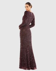 Red Puff Shoulder Sequined Surplice Gown