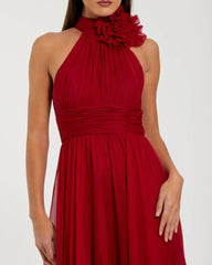 Red High Neck Sleeveless Chiffon Evening Gown with 3D Flower
