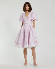 Multicolor Embroidered Floral Puff Sleeve Midi Dress