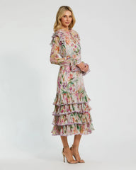 Multicolor Long Sleeve Ruffle Detail Floral Shift Dress