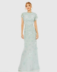 Blue Floral Embellished High Neck Flutter Sleeve Gown
