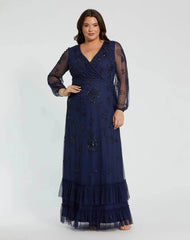 Puff Sleeve V-Neck Tiered Embellished Gown