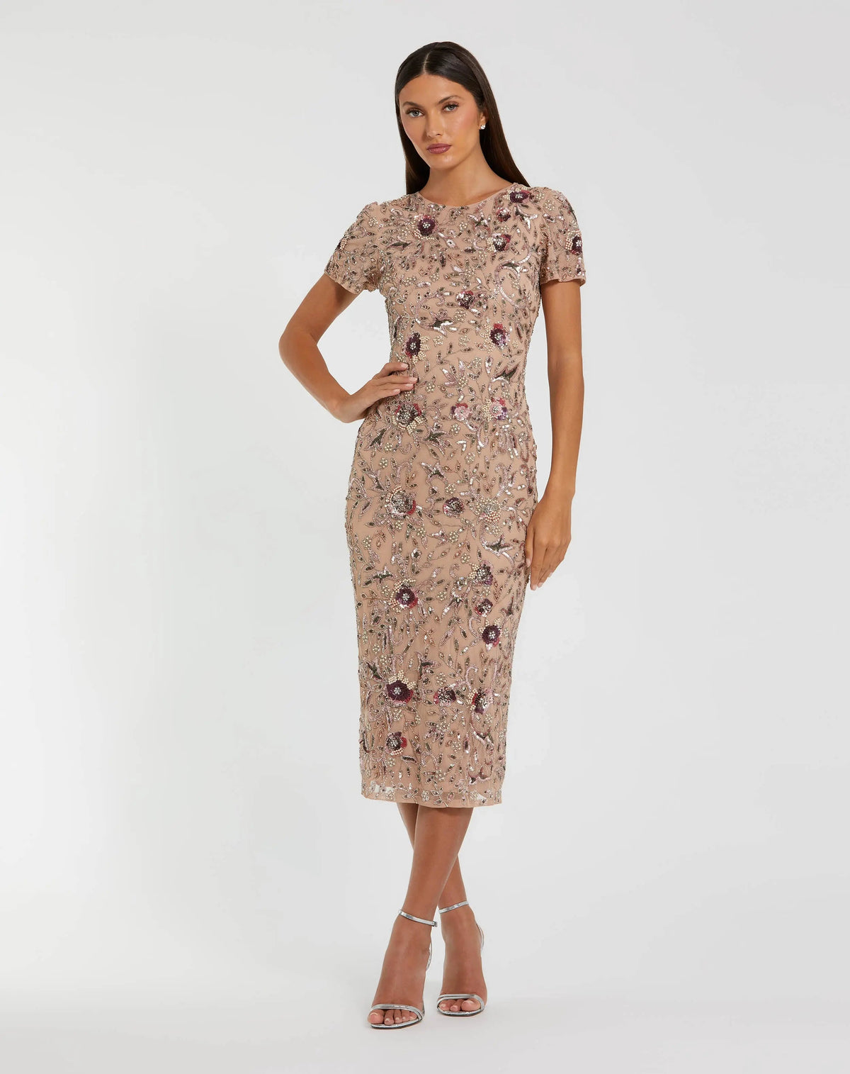 Beige Floral Embellished Short Sleeve Midi Dress