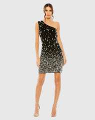 Black One Shoulder Crystal Drop Dress