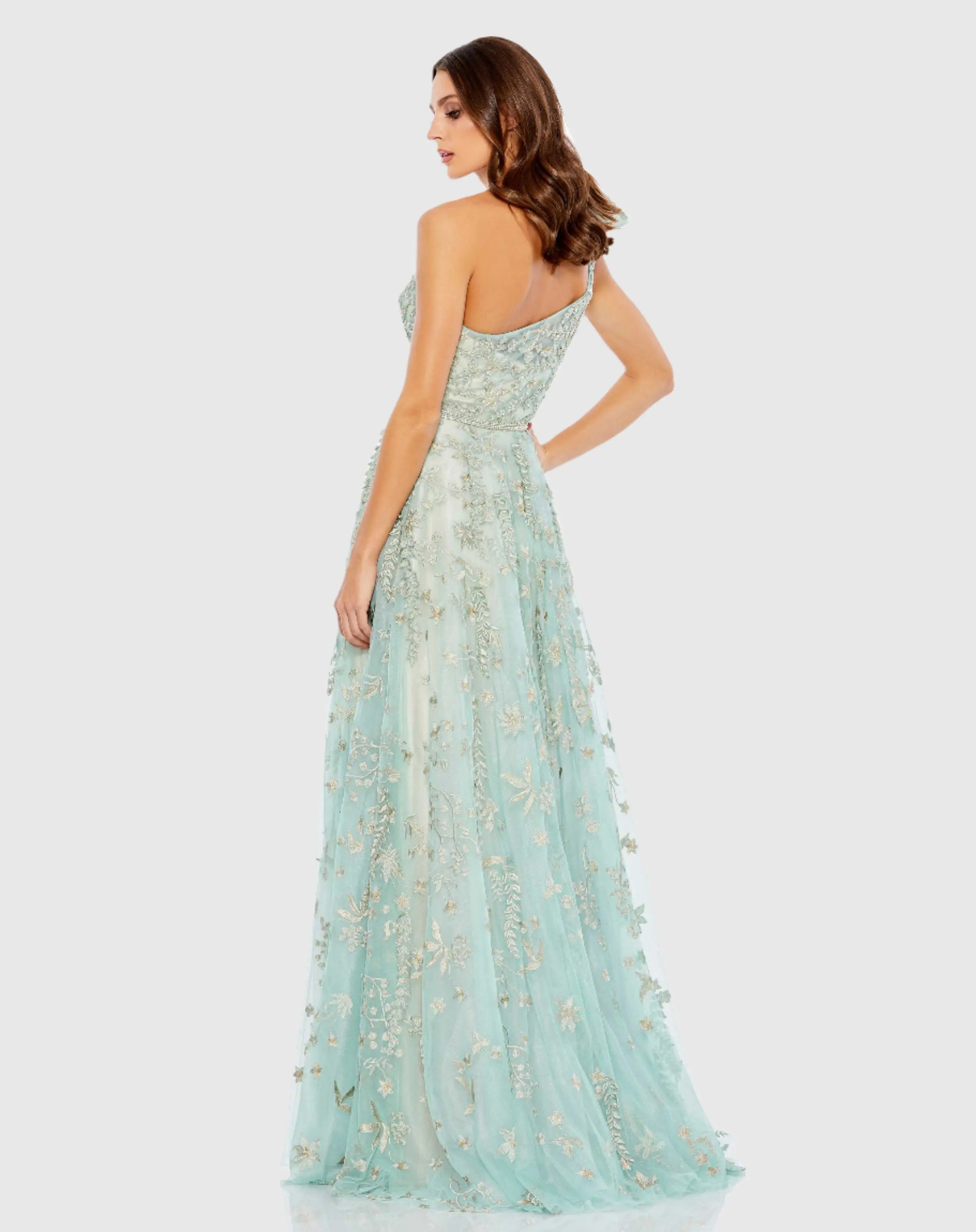 Green Embellished Bow One Shoulder A Line Gown
