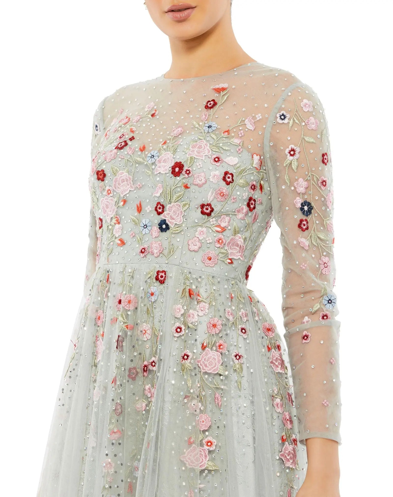 Gray Embroidered Illusion High Neck Long Sleeve A Line Gown