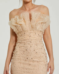 Beige Strapless Embellished Tulle Mermaid Gown