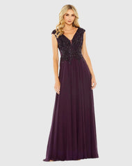 Applique Cap Sleeve Bodice Flowy Gown
