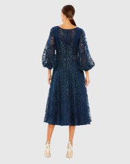 Navy Embellished Plunge Neck Bishop Sleeve Dress