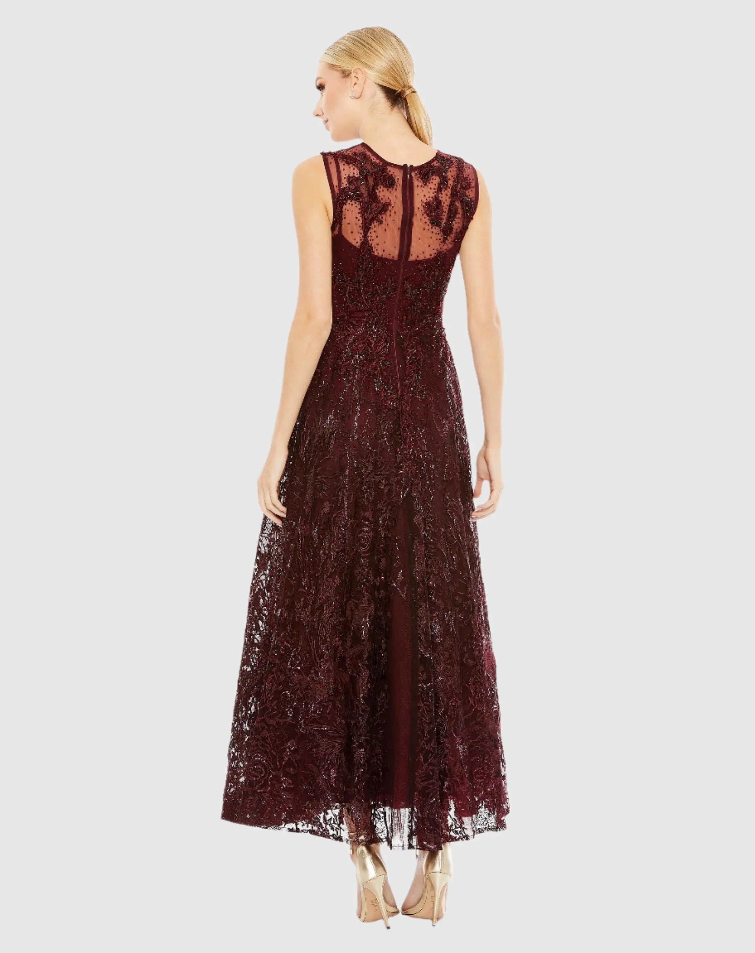 Red Embroidered High Neck Sleeveless Dress