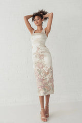 Slim Strap Scoop Neck Bustier Brocade Midi Dress