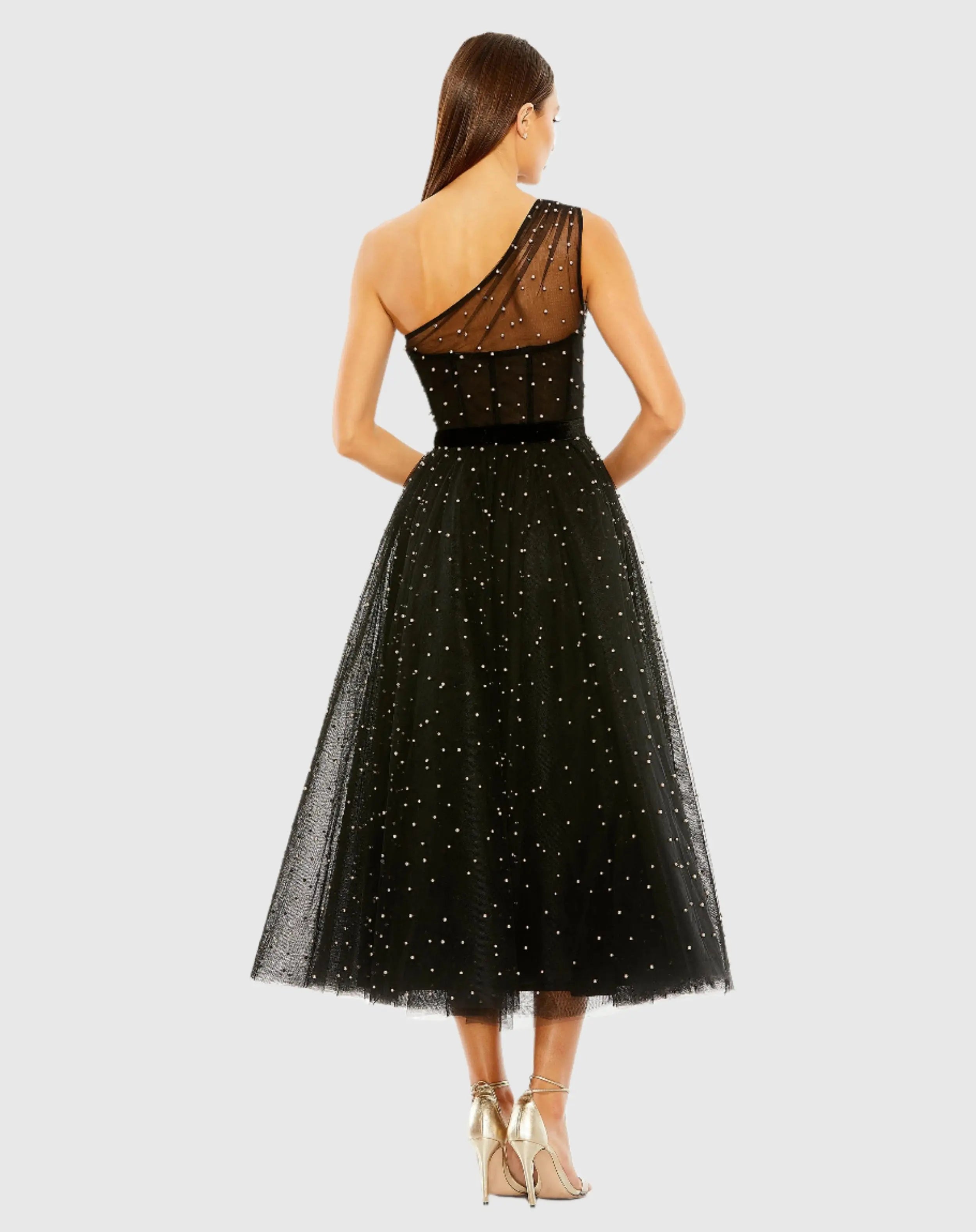 Black One Shoulder Pearl Beaded Midi Ballgown