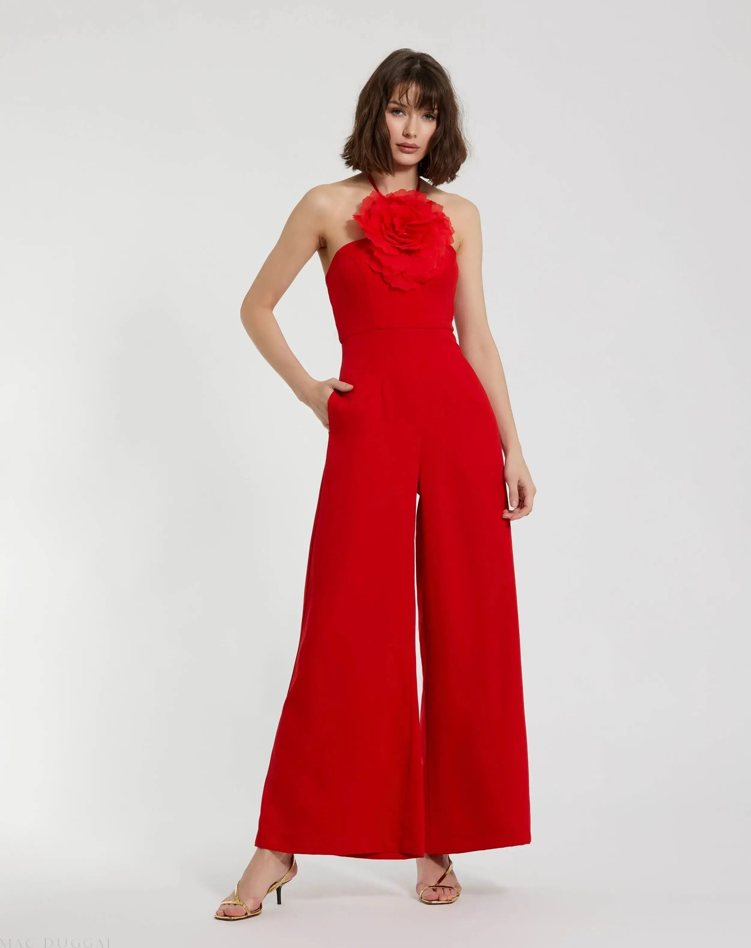 Halter Neck Crepe Jumpsuit With Flower