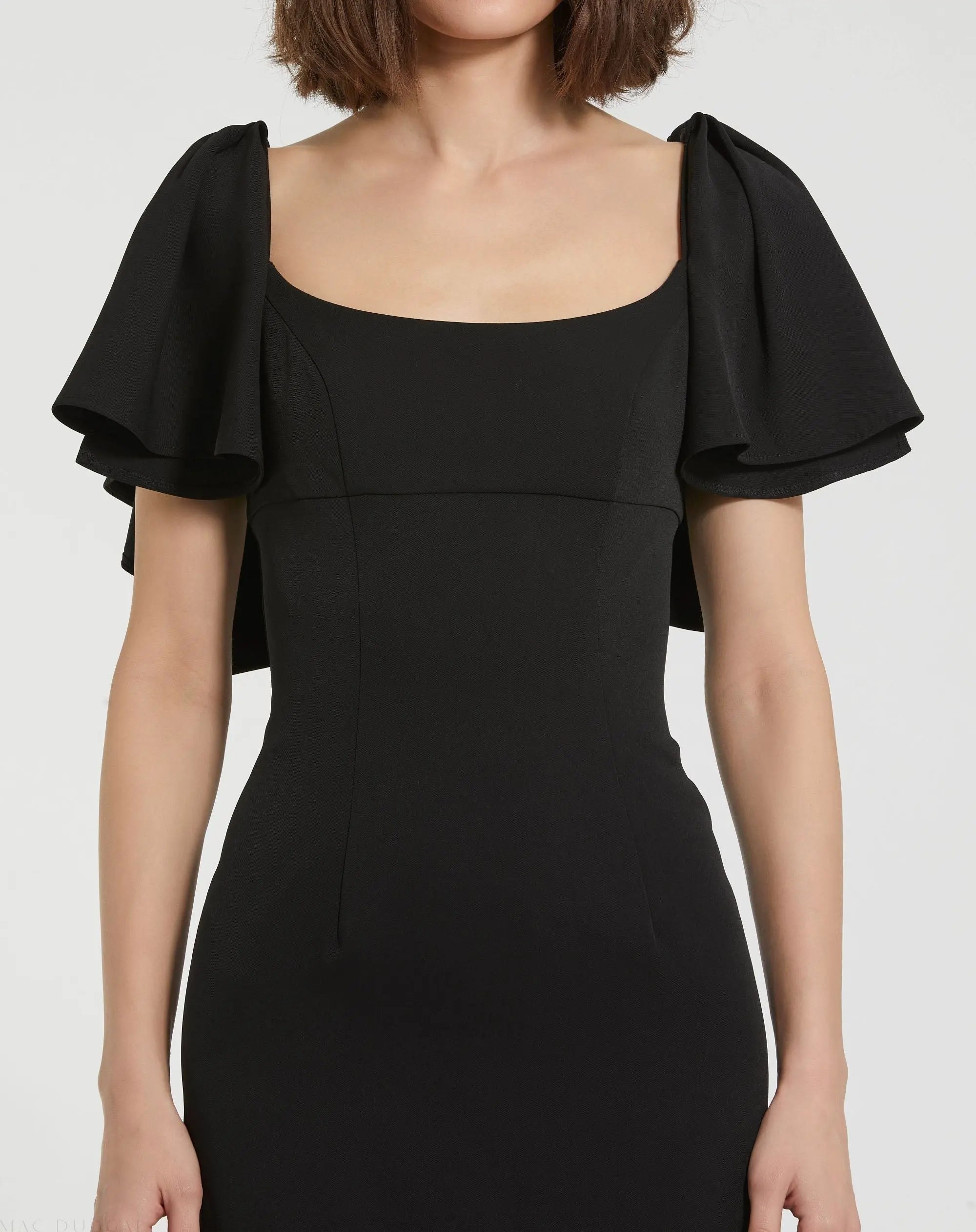 Black Crepe Fitted Long Dress With Short Ruffle Sleeves