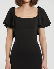 Black Crepe Fitted Long Dress With Short Ruffle Sleeves