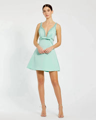 Green Hand Beaded Detail A-Line Mini Dress