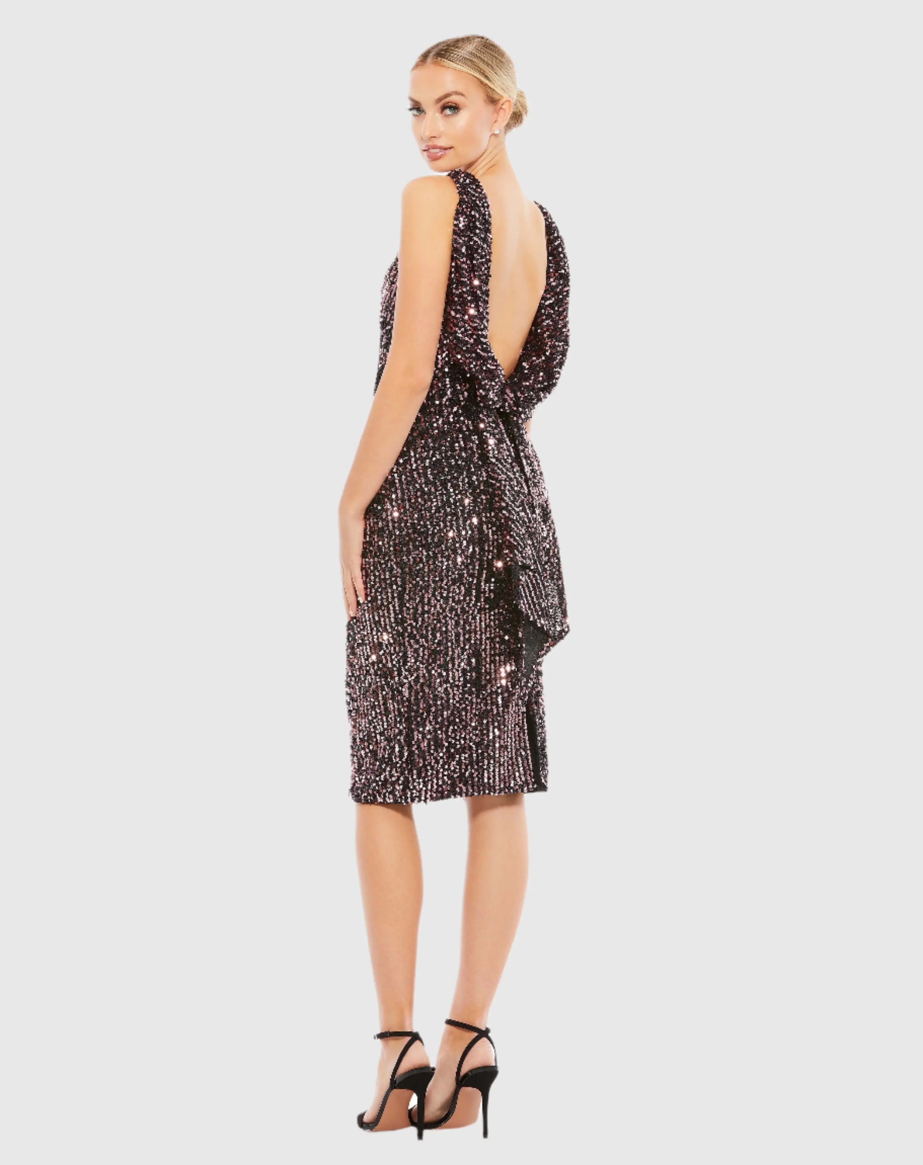 Black and Pink Draped Back Boat Neck Sequined Cocktail Dress