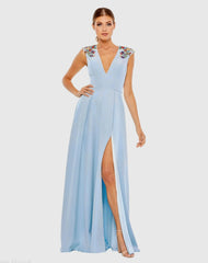 Dark Blue Beaded Cap Sleeve V Neck A Line Gown