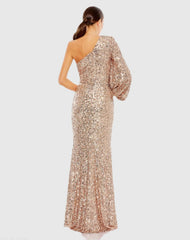 Pink Sequined One Shoulder Bishop Sleeve Trumpet Gown