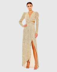 Gold Metallic Puff Sleeve Front Twist Cut Out Gown