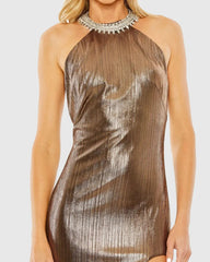 Gold High Neck Crystal Detail Metallic Slit Gown