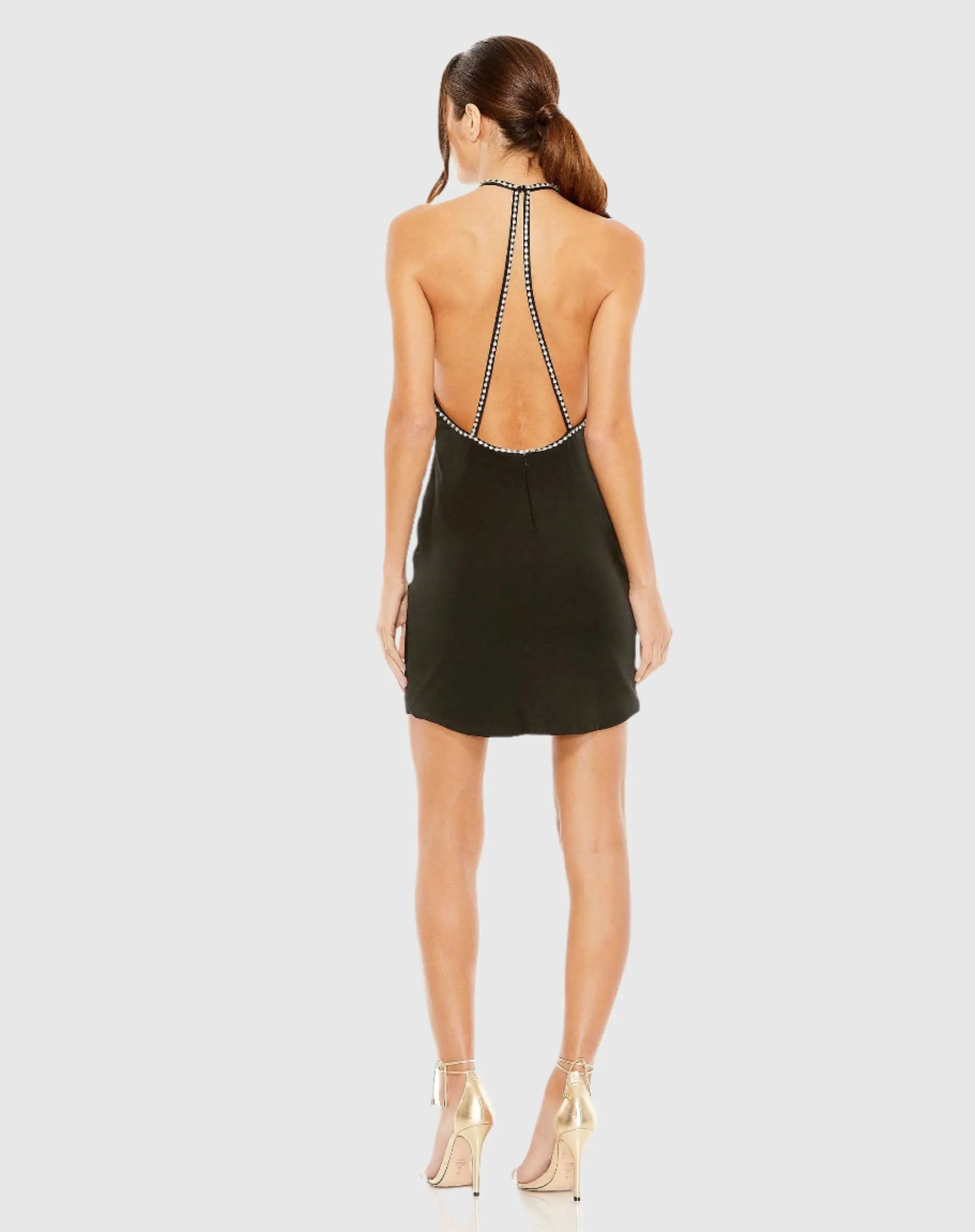 Black Rhinestone Detailed Low Back Halter Mini Dress