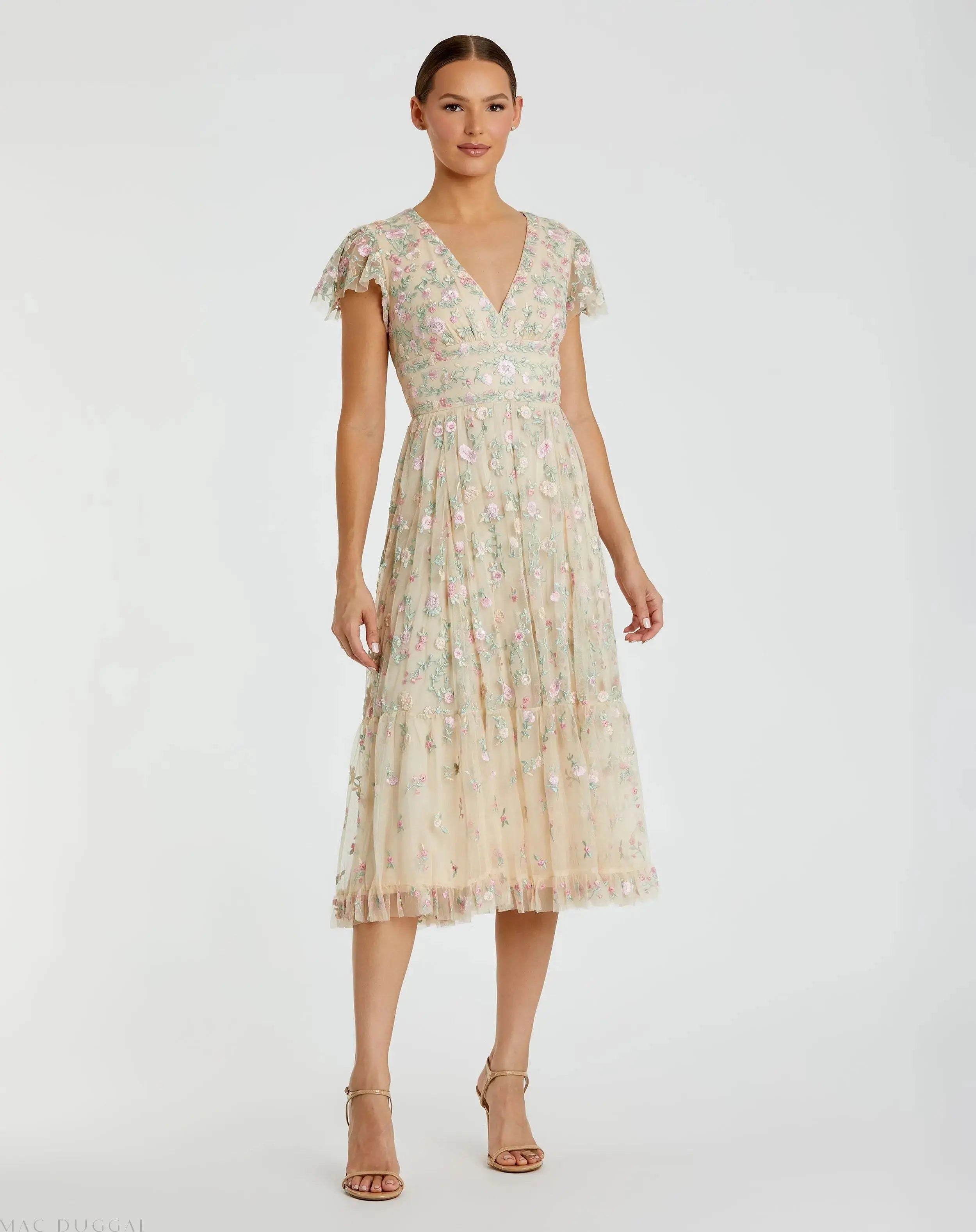 Embroidered V Neck Cap Sleeve Midi Dress