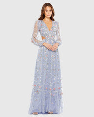 Purple Long Sleeve Embellished Cut Out A-Line Gown