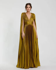 Pleated Charmeuse V Neck Gown With Cape