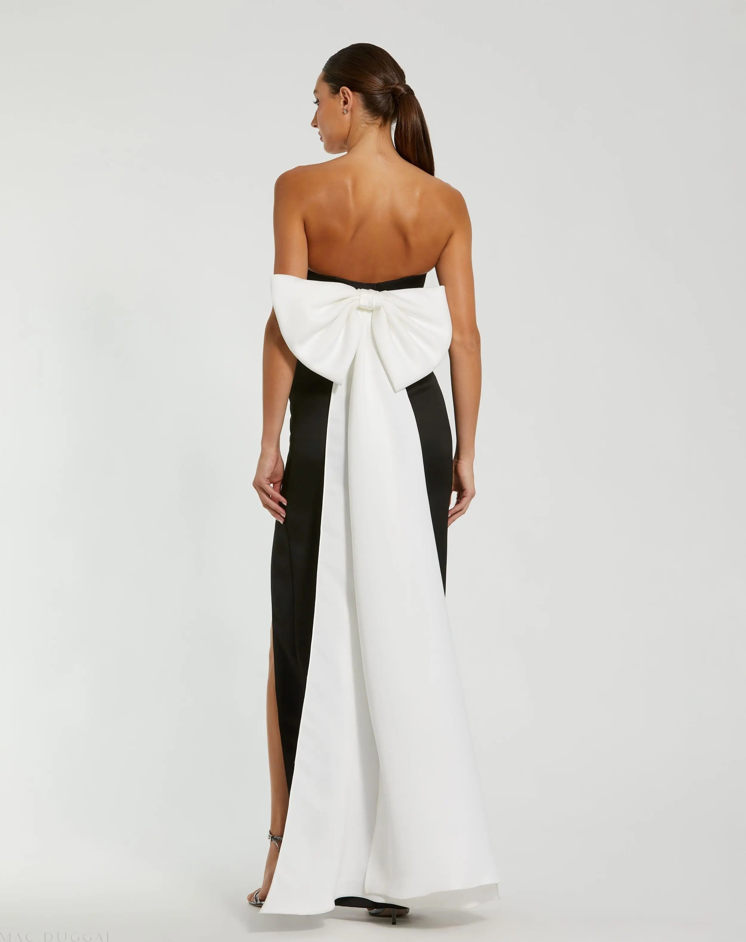 Black Satin Strapless Bustier Gown With Oversized Bow