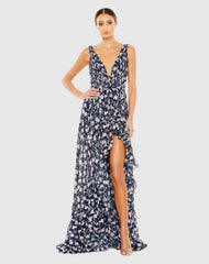 Multicolor Floral Print Sleeveless Ruffled High-Low Gown