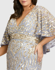 Gray Embellished Cape Sleeve Cocktail Dress (Plus)
