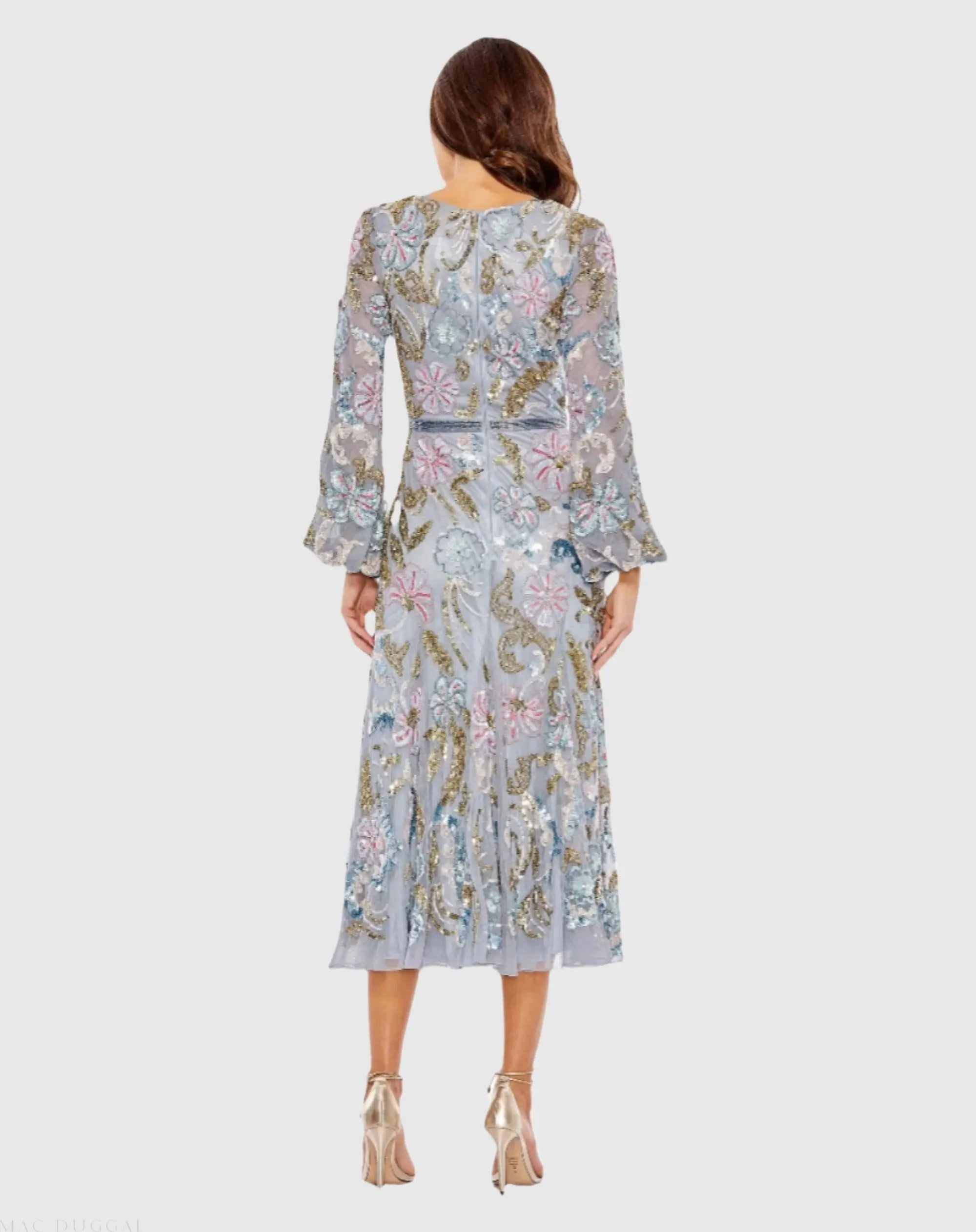 Gray Long Cuff Sleeve Embellished Midi Dress