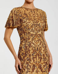 Gold Embellished High Neck Flutter Sleeve Gown