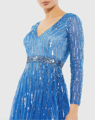 Blue Long Sleeve Tea Length Dress