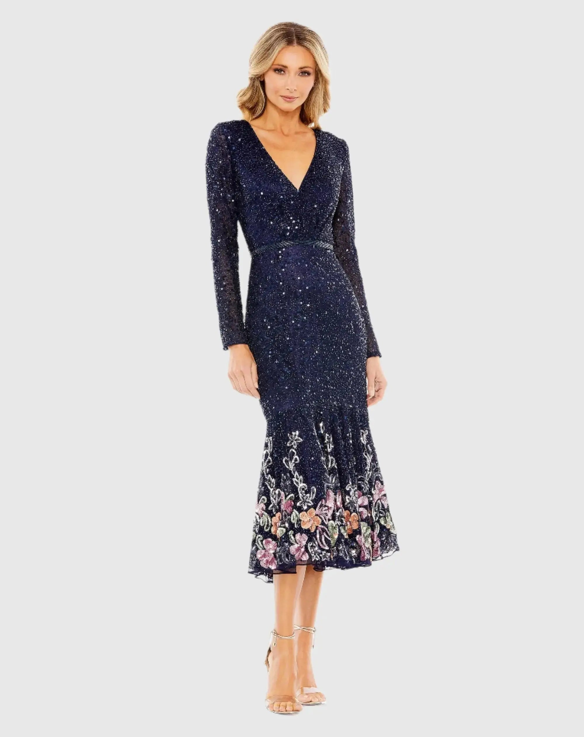 Long Sleeve Faux Wrap Embellished Tea Length Dress