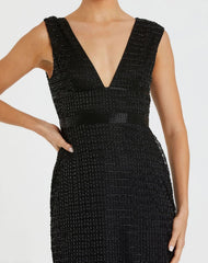 Black Beaded Cap Sleeve V Neck Column Gown