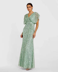 Draped Sleeve V Neck Gown