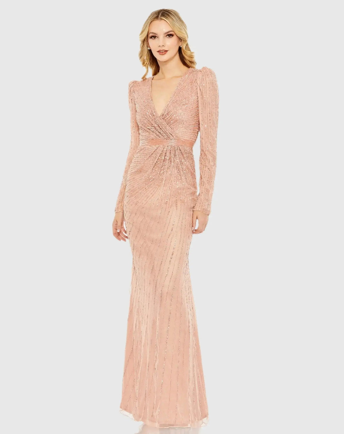 Pink Sequined Wrap Over Long Sleeve Gown