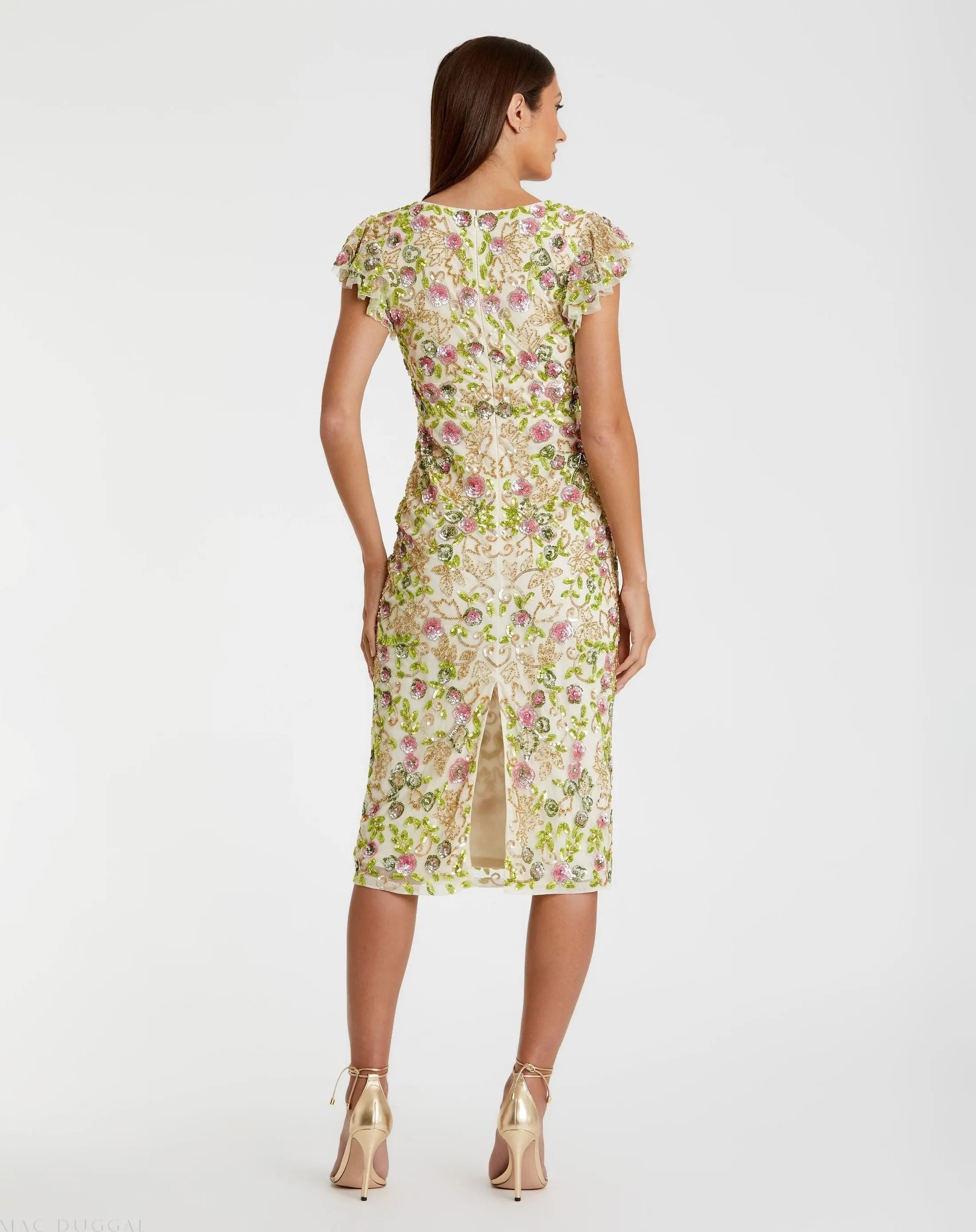 Beige Floral Embellished Flutter Cap Sleeve Dress