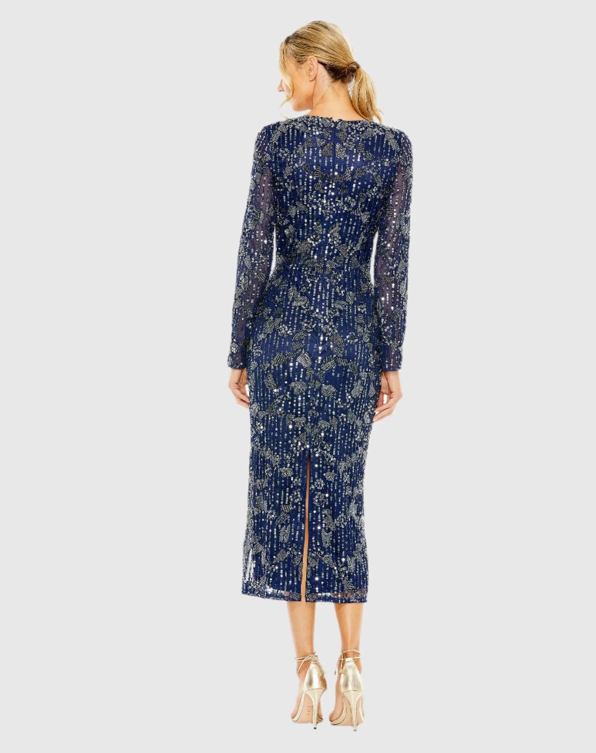 Navy High Neck Long Sleeve Embellished Dress