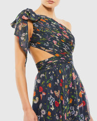 Navy Tied One Shoulder Cut-Out Flowy Gown