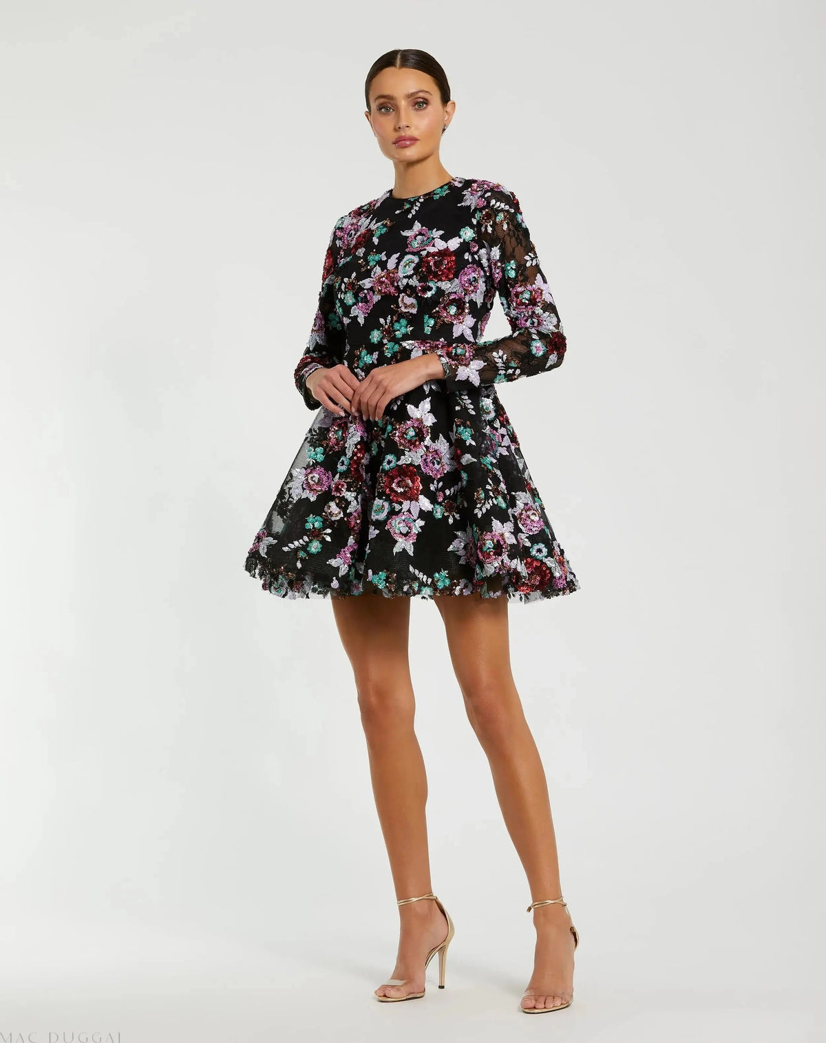 Black High Neck Long Sleeve Sequin A Line Mini Dress