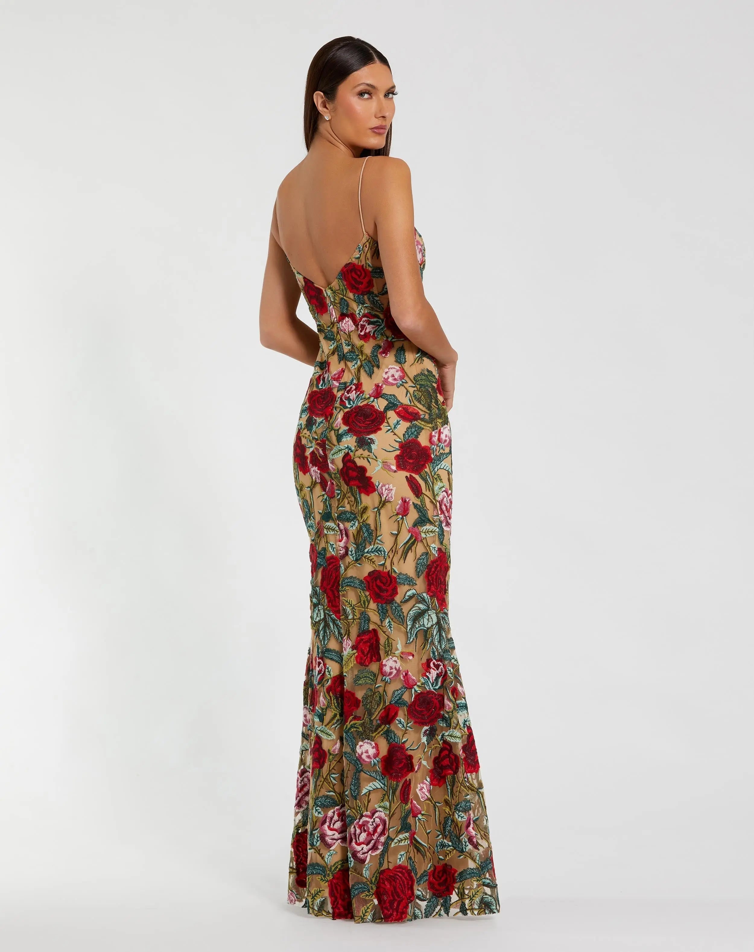 Beige Multicolor Embroidered Spaghetti Strap Floral Dress