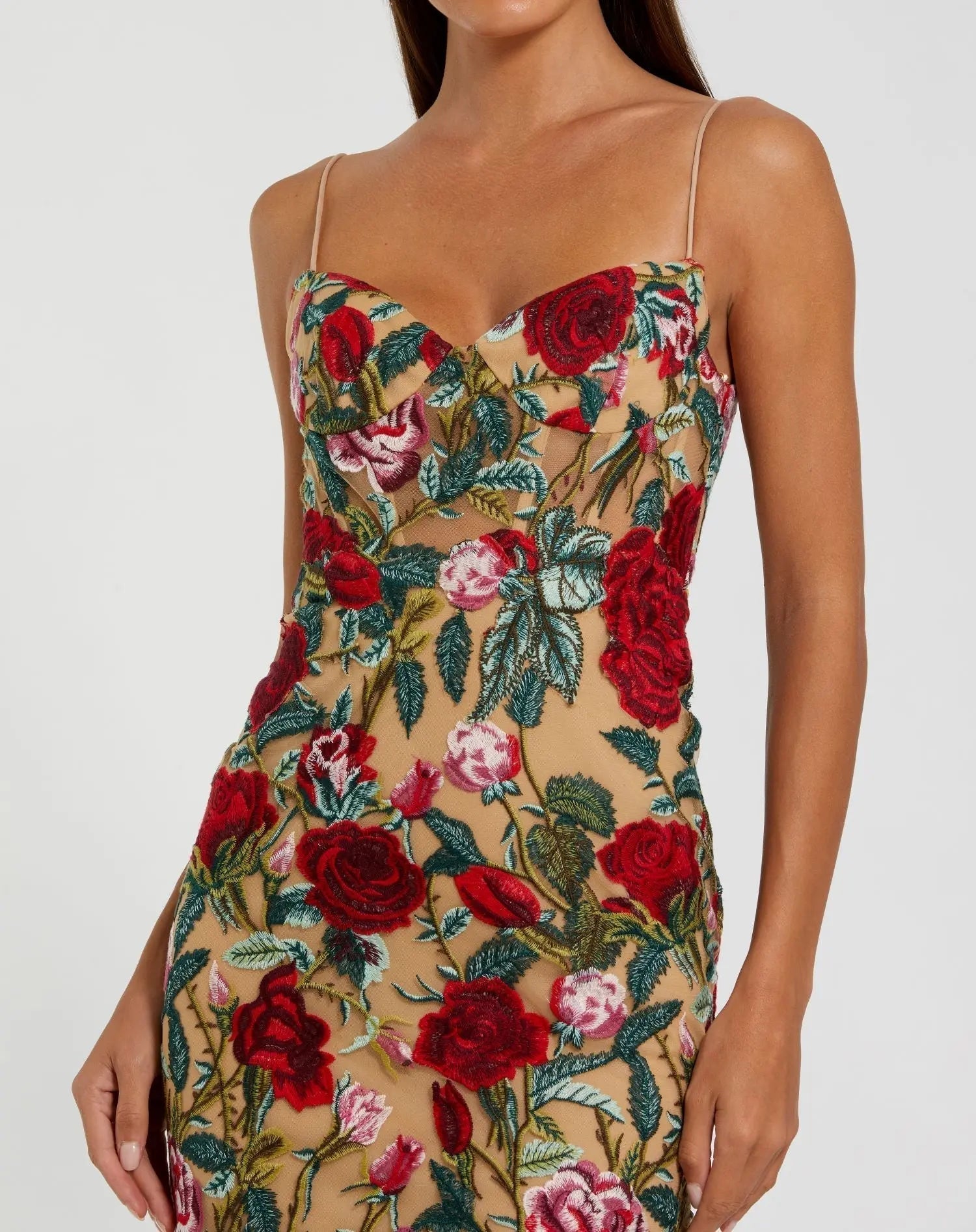 Beige Multicolor Embroidered Spaghetti Strap Floral Dress